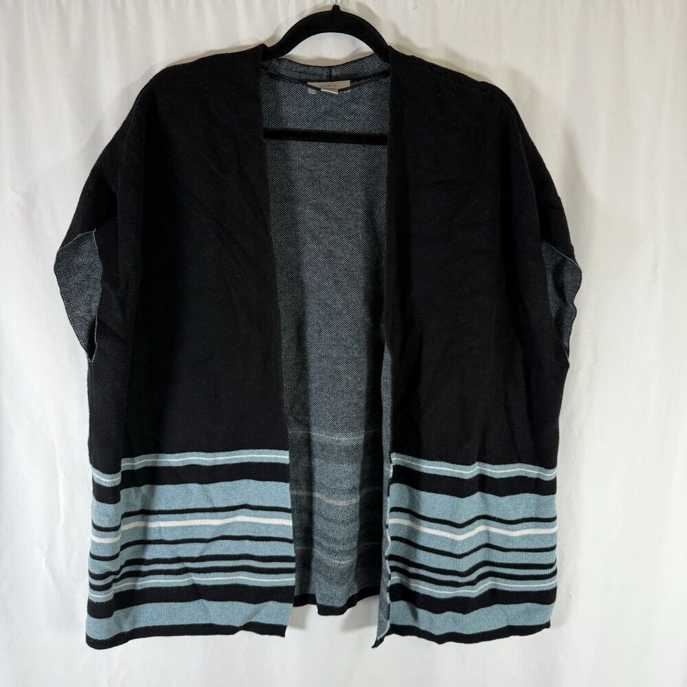 LOFT Cardigan Women's M L Black Blue Striped Open Front Sleeveless Soft